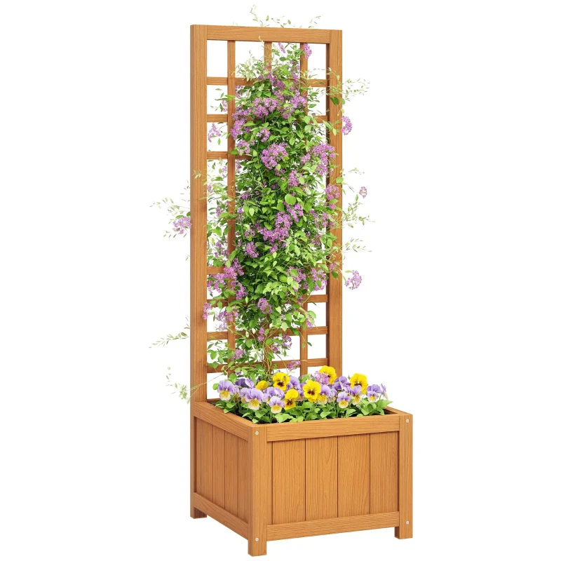 Outsunny Fioriera con Traliccio per Rampicanti con Foro di Drenaggio e Fodera, in Legno, 40x40x120 cm, Marrone