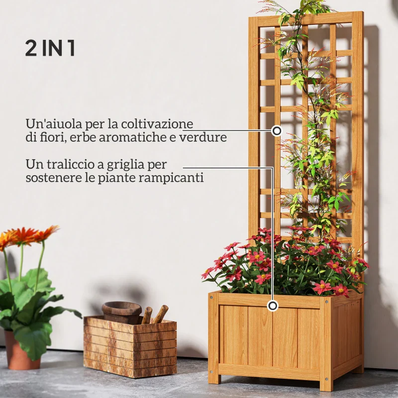 Outsunny Fioriera con Traliccio per Rampicanti con Foro di Drenaggio e Fodera, in Legno, 40x40x120 cm, Marrone - Image 4
