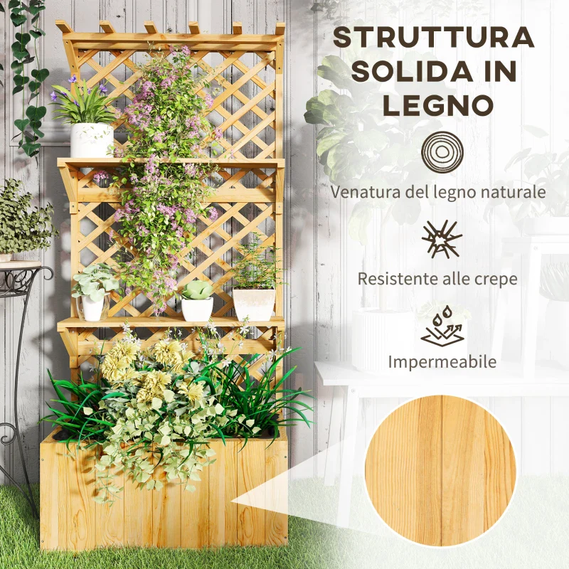 Outsunny Fioriera con Traliccio per Rampicanti, Fori di Drenaggio e 2 Mensole, in Legno di Abete, 76x33x177 cm - Image 7