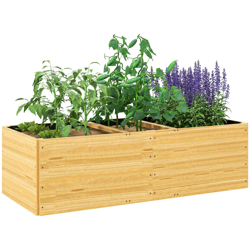 Outsunny Fioriera da Esterno in Legno di Abete Divisa in 3 Aree con Strato in Tessuto non Tessuto, 140x60x40 cm