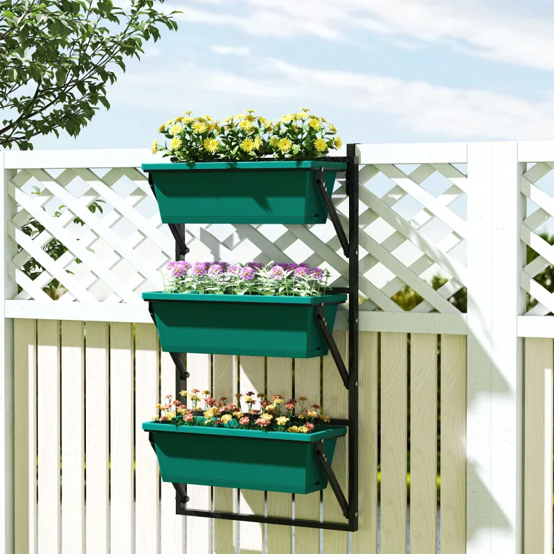 Outsunny Fioriera da Esterno Verticale e 3 Vasi per Piante in Plastica con Fori di Drenaggio, 56x42x100 cm, Verde - Image 2