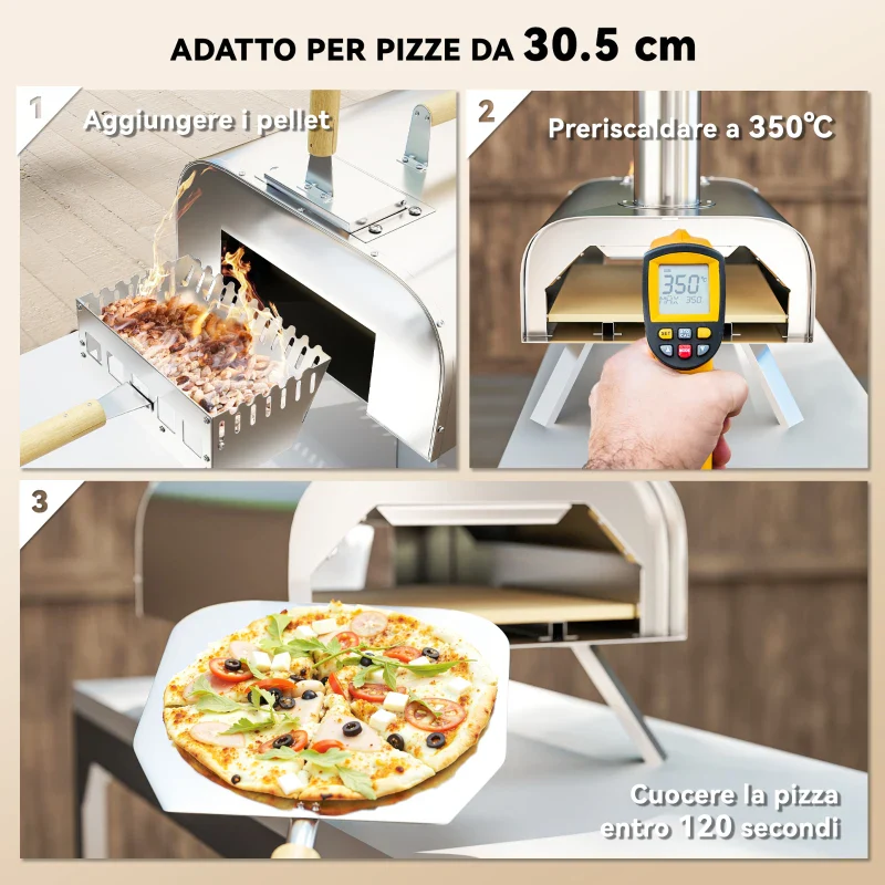 Outsunny Forno per Pizza a Pellet di Legno con Pietra Refrattaria e Pala, in Acciaio Inox, 79x36x75 cm, Argento - Image 5