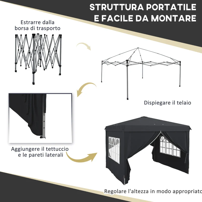 Outsunny Gazebo 3x3 ad Altezza Regolabile con Fori di Drenaggio e Borsa da Trasporto, in Metallo, Grigio - Image 4