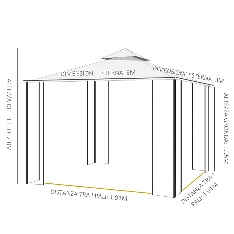 Outsunny Gazebo da Giardino 3x3m con Zanzariera, Telaio in Acciaio e Doppio Tettuccio, Bianco - Image 2