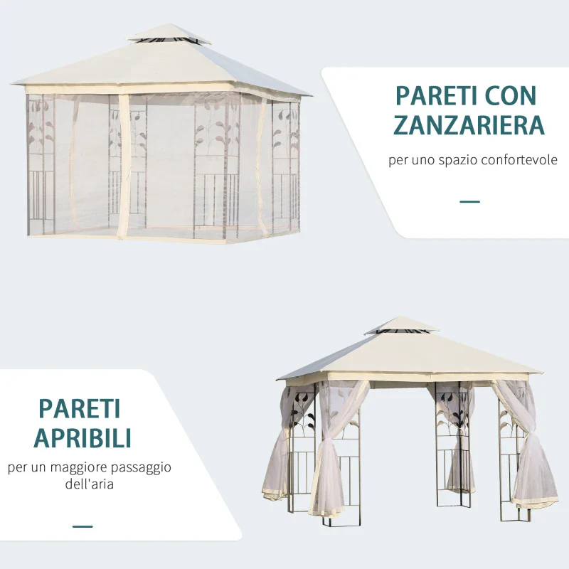 Outsunny Gazebo da Giardino 3x3m con Zanzariera, Telaio in Acciaio e Doppio Tettuccio, Bianco - Image 3