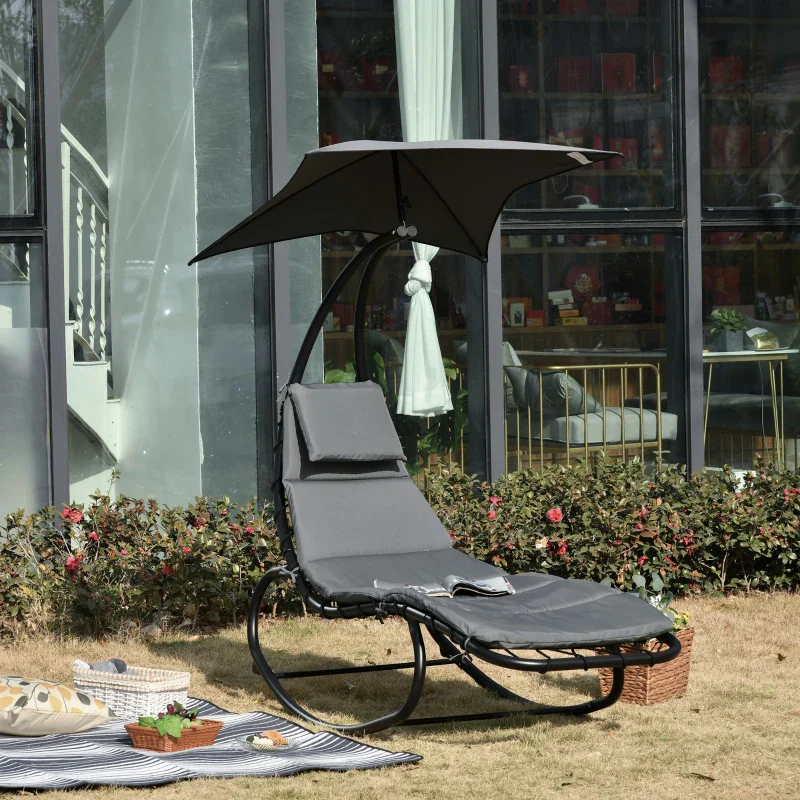 Outsunny Lettino a Dondolo da Giardino, Sdraio Prendisole, Sedia a Dondolo per Esterno con Seduta Imbottita e Tettuccio Grigio 185x114x190cm - Image 2
