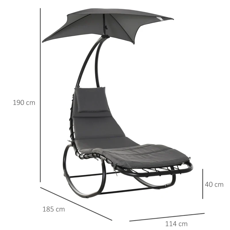 Outsunny Lettino a Dondolo da Giardino, Sdraio Prendisole, Sedia a Dondolo per Esterno con Seduta Imbottita e Tettuccio Grigio 185x114x190cm - Image 3