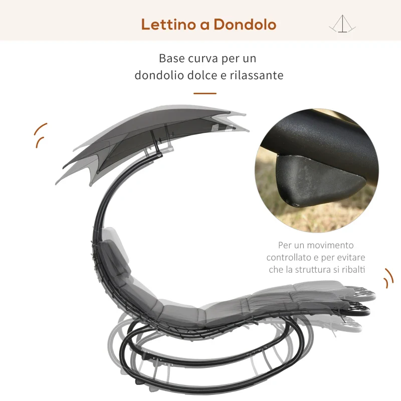 Outsunny Lettino a Dondolo da Giardino, Sdraio Prendisole, Sedia a Dondolo per Esterno con Seduta Imbottita e Tettuccio Grigio 185x114x190cm - Image 4