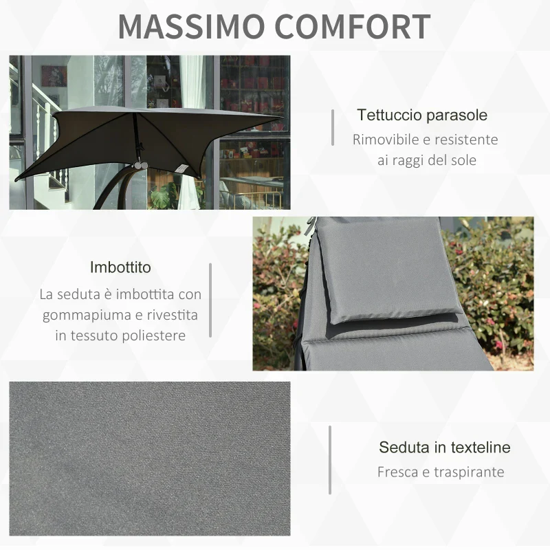 Outsunny Lettino a Dondolo da Giardino, Sdraio Prendisole, Sedia a Dondolo per Esterno con Seduta Imbottita e Tettuccio Grigio 185x114x190cm - Image 5