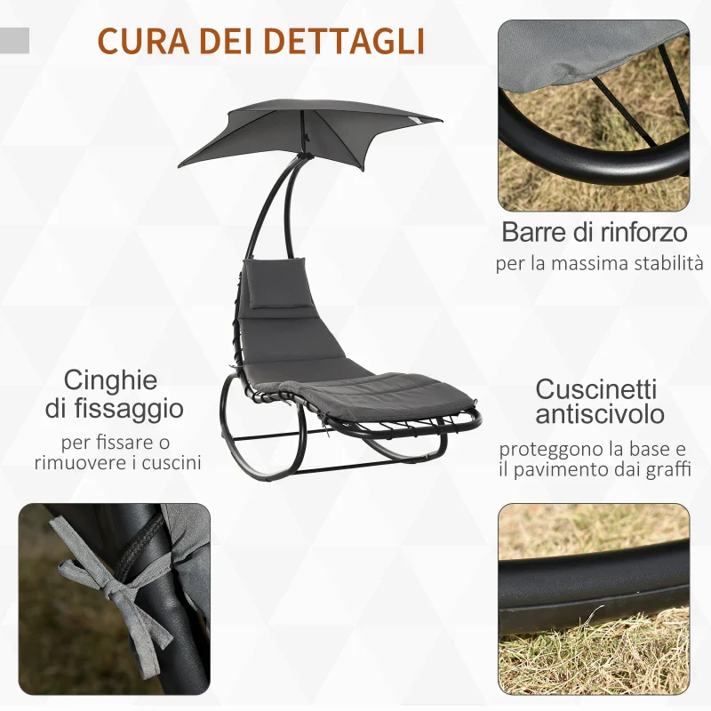 Outsunny Lettino a Dondolo da Giardino, Sdraio Prendisole, Sedia a Dondolo per Esterno con Seduta Imbottita e Tettuccio Grigio 185x114x190cm - Image 6
