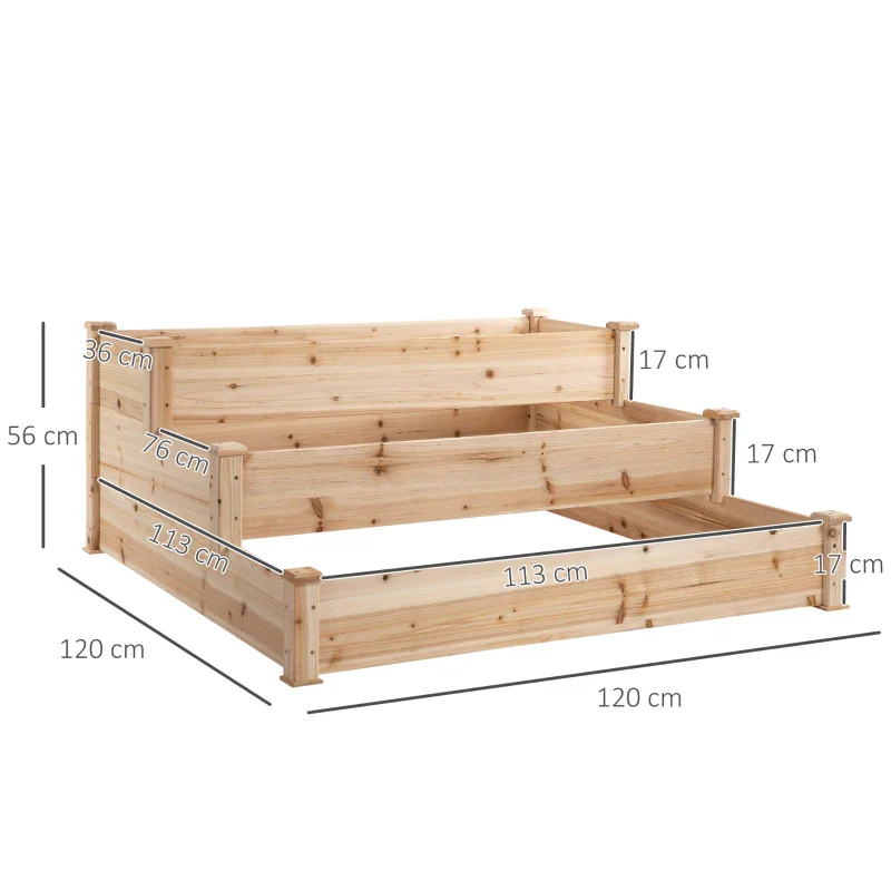Outsunny Letto per Orto Rialzato a 3 Livelli in Legno Naturale, Fioriera Rialzata da Esterno per Piante, 120x120x56cm - Image 2