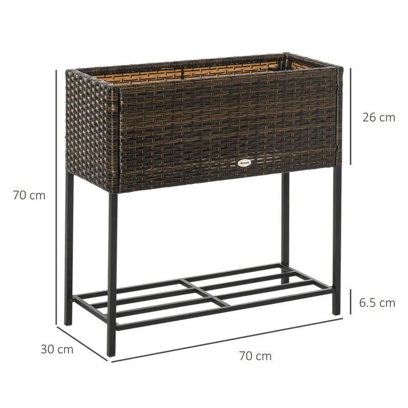 Outsunny Letto per Orto Rialzato, Fioriera Effetto Vimini con Ripiano, Aiuola Rialzata per Esterni e Interni, Marrone (70cm x 30cm x 70cm) - Image 2