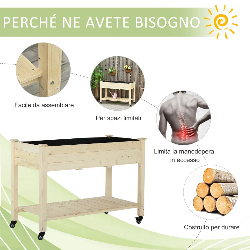 Outsunny Letto per Orto Rialzato in Legno con Rotelle e Ripiano Inferiore, 118x55x83cm, Legno Naturale - Image 8