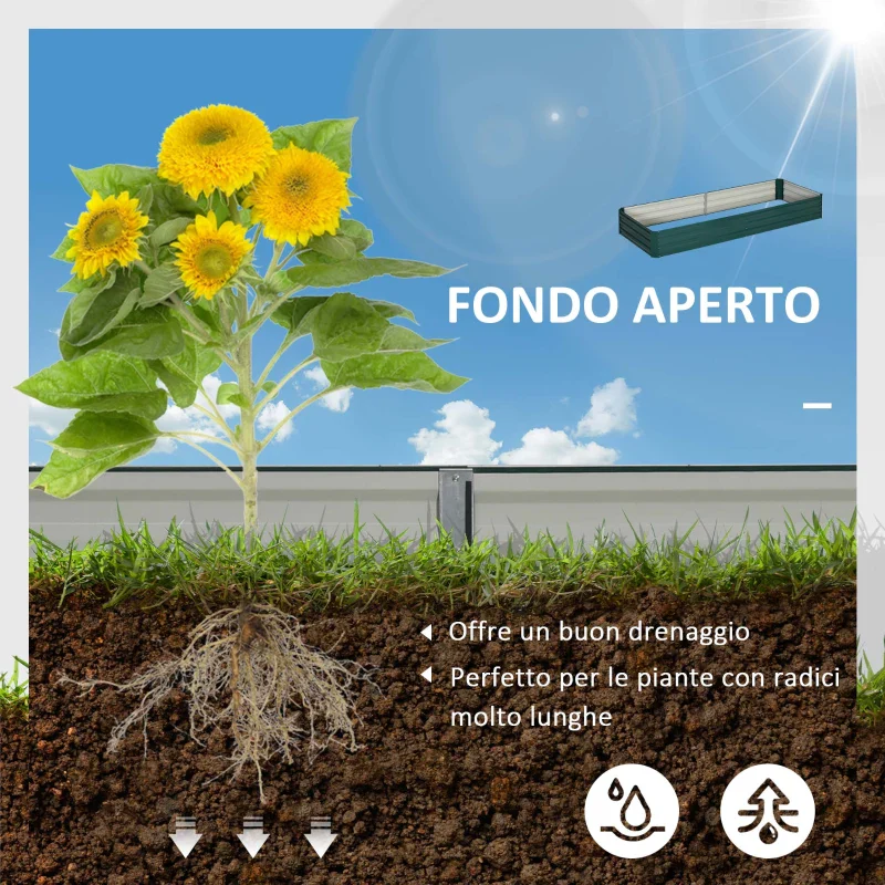 Outsunny Letto per Orto Rialzato in Metallo da Esterno, Portapiante per Fiori ed Erbe, 241x90,5x30cm - Image 3
