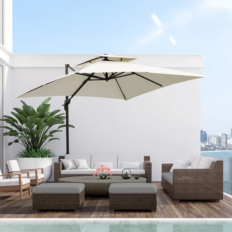 Outsunny Ombrellone a Sbalzo a Doppia Copertura con Manovella, Base a Croce e Pesi, 268x268x265 cm, Beige - Image 2