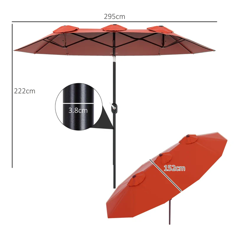Outsunny Ombrellone da Giardino Doppio Inclinabile con Apertura a Manovella, 295x152x222cm, Rosso - Image 3
