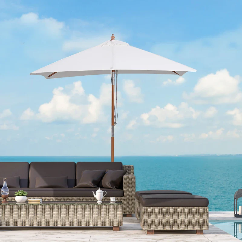 Outsunny Ombrellone da Giardino Inclinabile 2x1.5m a 6 Stecche con Palo in Legno di Abete e Corda, Beige - Image 2