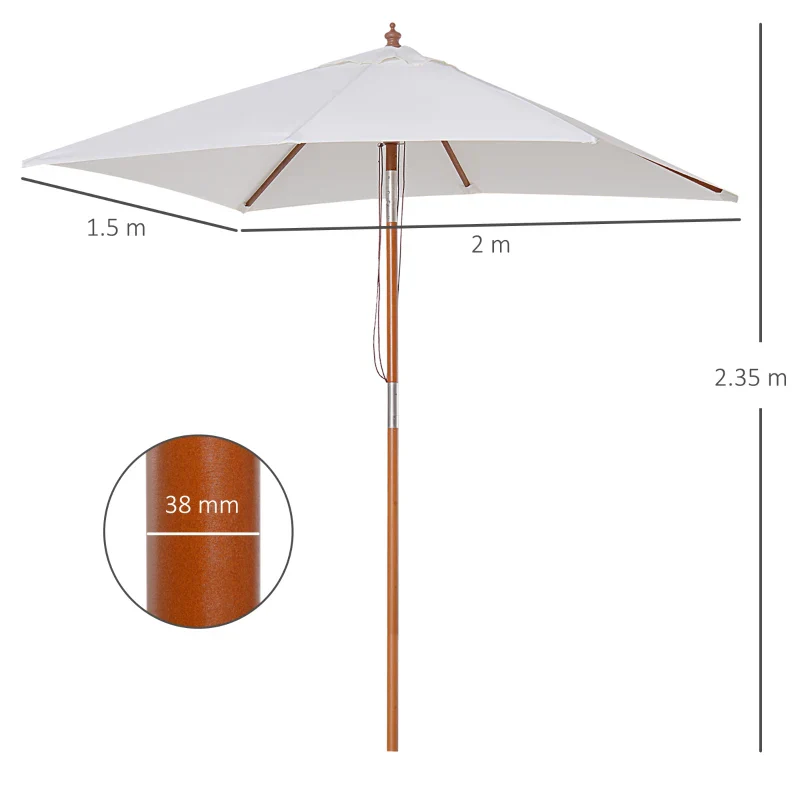 Outsunny Ombrellone da Giardino Inclinabile 2x1.5m a 6 Stecche con Palo in Legno di Abete e Corda, Beige - Image 3
