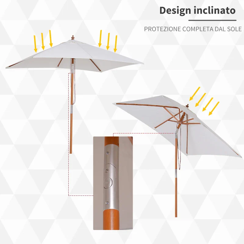 Outsunny Ombrellone da Giardino Inclinabile 2x1.5m a 6 Stecche con Palo in Legno di Abete e Corda, Beige - Image 4