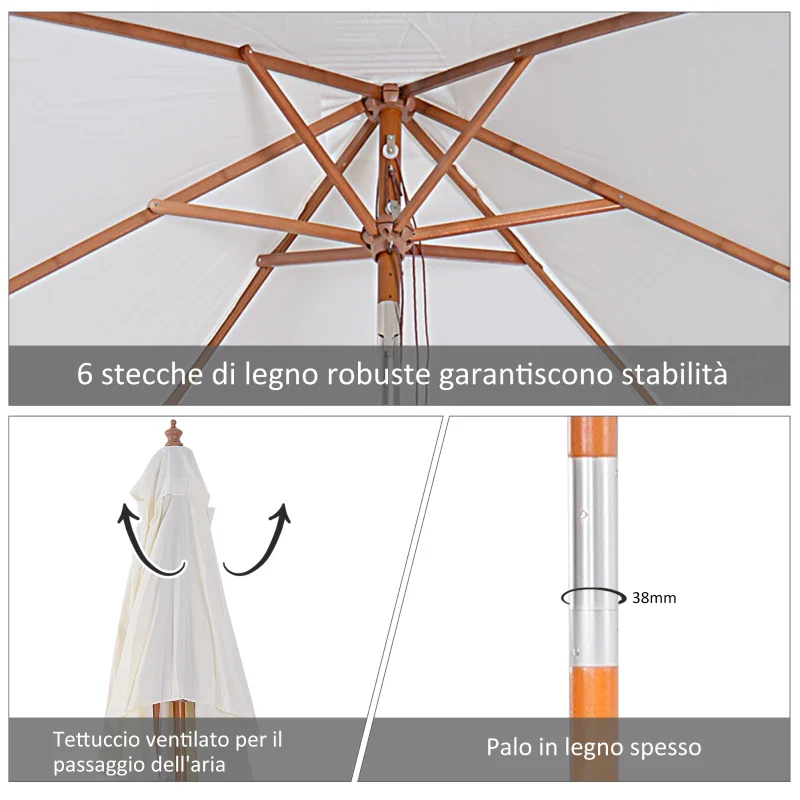 Outsunny Ombrellone da Giardino Inclinabile 2x1.5m a 6 Stecche con Palo in Legno di Abete e Corda, Beige - Image 5
