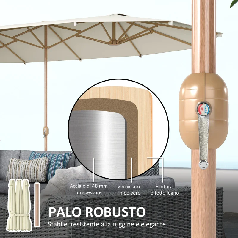 Outsunny Ombrellone Doppio con Apertura a Manovella, in Acciaio Inox e Poliestere, 455x265x238 cm, Beige - Image 6