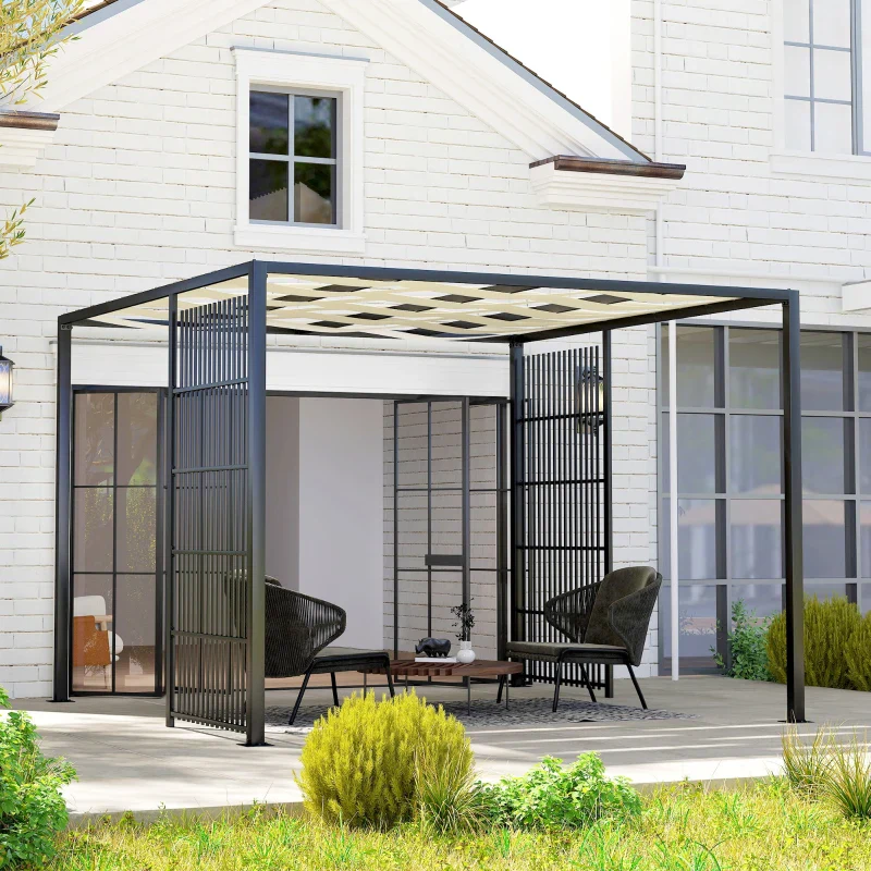 Outsunny Pergola per Esterno 3x3 m con Copertura Ondulata e Pannelli Laterali, in Metallo e Poliestere Nero - Image 9