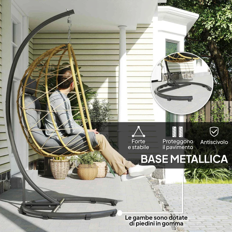 Outsunny Poltrona Sospesa e Pieghevole con Cuscini, in Acciaio e Rattan PE, 102x102x195 cm, Nera Grigia e Beige - Image 3