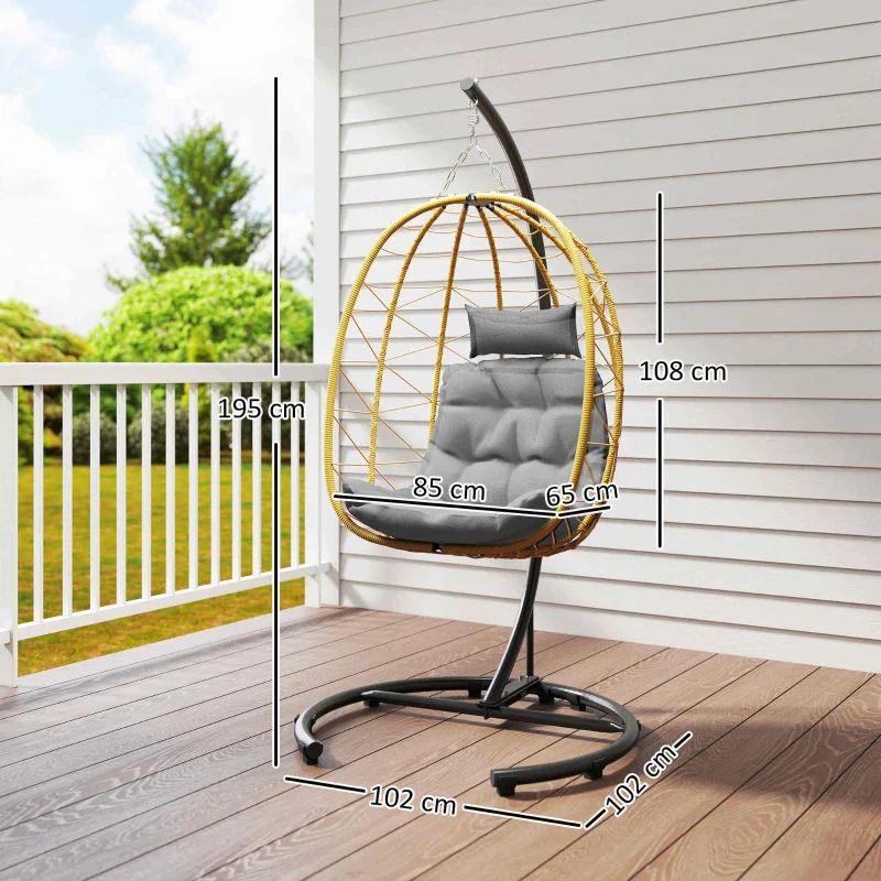 Outsunny Poltrona Sospesa e Pieghevole con Cuscini, in Acciaio e Rattan PE, 102x102x195 cm, Nera Grigia e Beige - Image 4