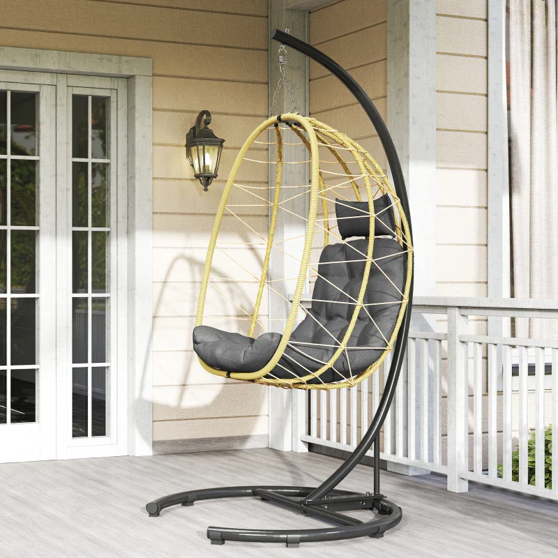 Outsunny Poltrona Sospesa e Pieghevole con Cuscini, in Acciaio e Rattan PE, 102x102x195 cm, Nera Grigia e Beige - Image 5