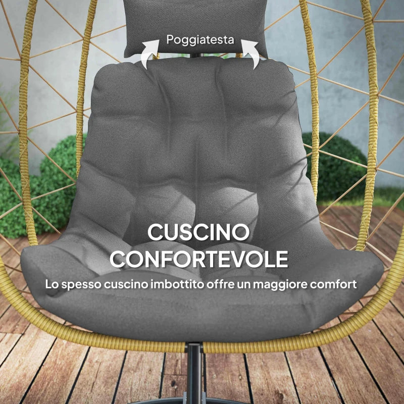 Outsunny Poltrona Sospesa e Pieghevole con Cuscini, in Acciaio e Rattan PE, 102x102x195 cm, Nera Grigia e Beige - Image 6