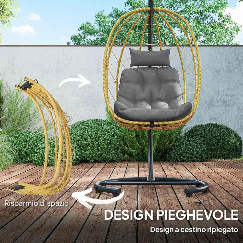 Outsunny Poltrona Sospesa e Pieghevole con Cuscini, in Acciaio e Rattan PE, 102x102x195 cm, Nera Grigia e Beige - Image 7