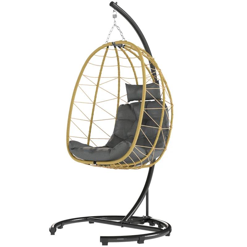 Outsunny Poltrona Sospesa e Pieghevole con Cuscini, in Acciaio e Rattan PE, 102x102x195 cm, Nera Grigia e Beige - Image 8