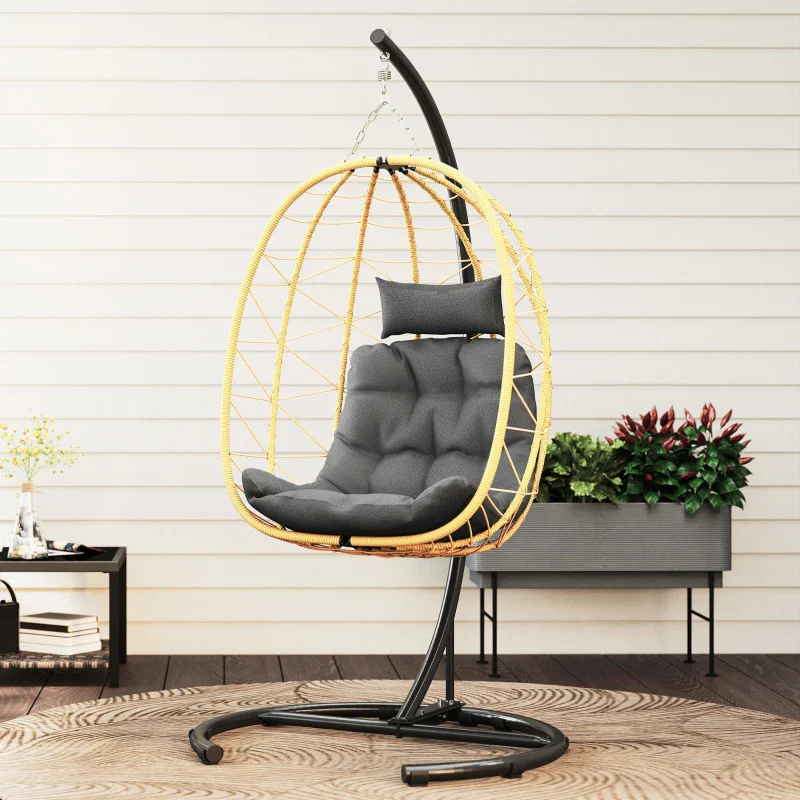 Outsunny Poltrona Sospesa e Pieghevole con Cuscini, in Acciaio e Rattan PE, 102x102x195 cm, Nera Grigia e Beige - Image 9