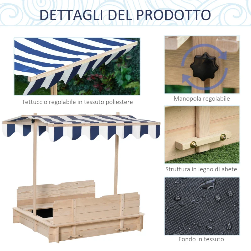 Outsunny Sabbiera per Bambini in Legno con Tettuccio Parasole, Panca e Coperchio, 106x106x115 cm Bianco e Blu - Image 4