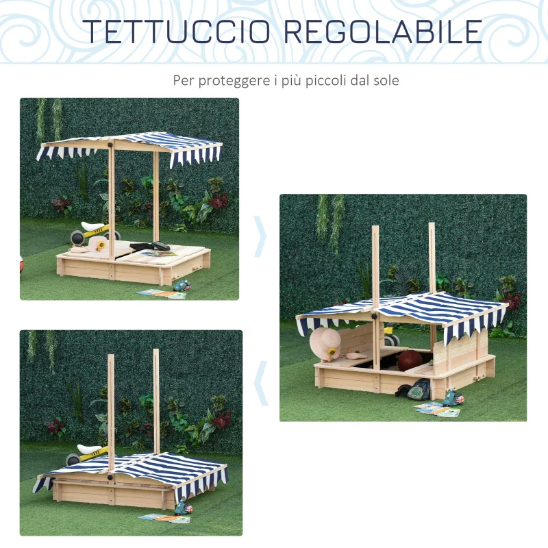 Outsunny Sabbiera per Bambini in Legno con Tettuccio Parasole, Panca e Coperchio, 106x106x115 cm Bianco e Blu - Image 5