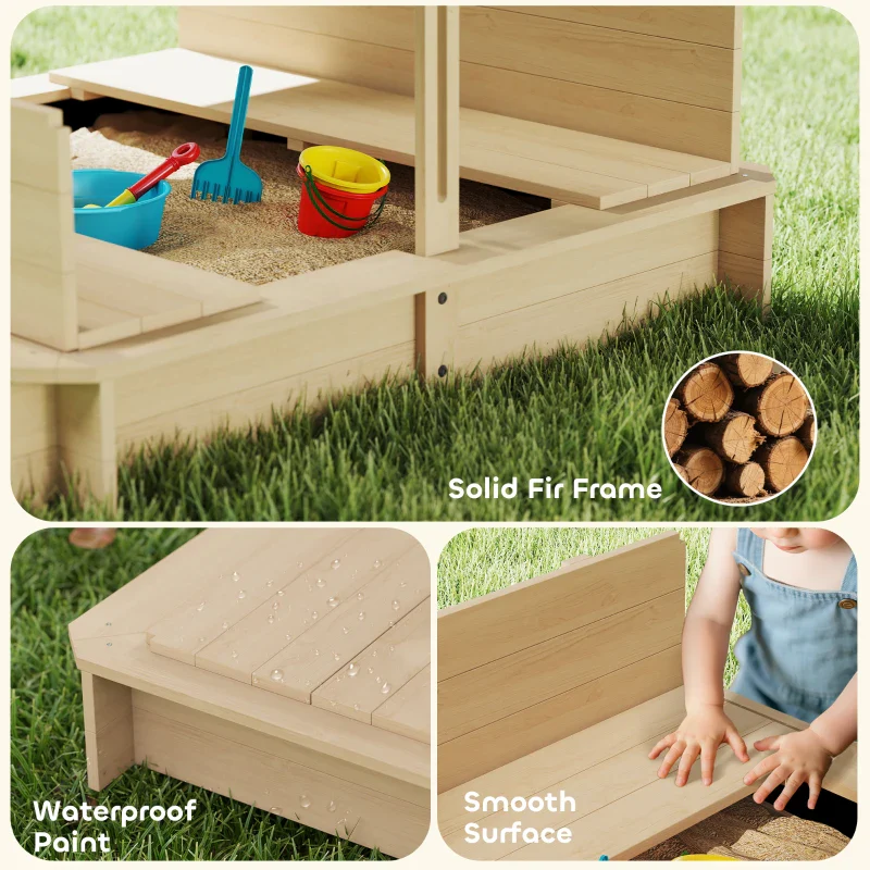 Outsunny Sabbiera per Bambini in Legno con Tettuccio Parasole, Panca e Coperchio, 106x106x115 cm Bianco e Blu - Image 6
