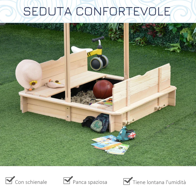 Outsunny Sabbiera per Bambini in Legno con Tettuccio Parasole, Panca e Coperchio, 106x106x115 cm Bianco e Blu - Image 8
