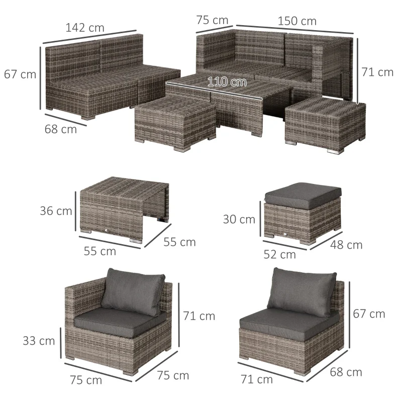 Outsunny Salotto da Esterno in Rattan PE da 8 Pezzi, Set Mobili da Giardino Salvaspazio con Poltrone, Tavolini e Sgabelli, Grigio - Image 3