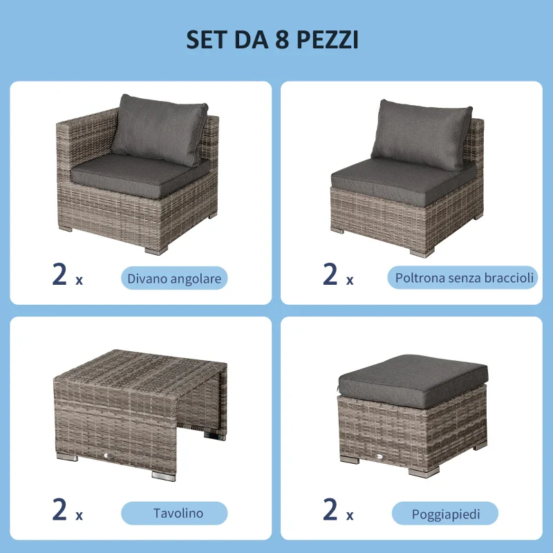 Outsunny Salotto da Esterno in Rattan PE da 8 Pezzi, Set Mobili da Giardino Salvaspazio con Poltrone, Tavolini e Sgabelli, Grigio - Image 4
