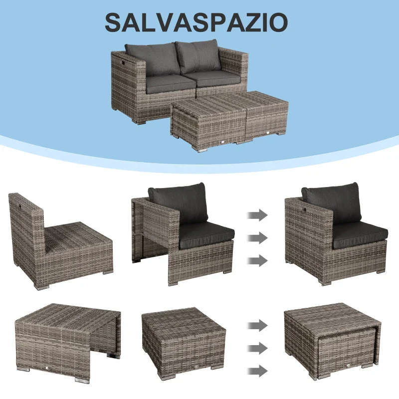 Outsunny Salotto da Esterno in Rattan PE da 8 Pezzi, Set Mobili da Giardino Salvaspazio con Poltrone, Tavolini e Sgabelli, Grigio - Image 5
