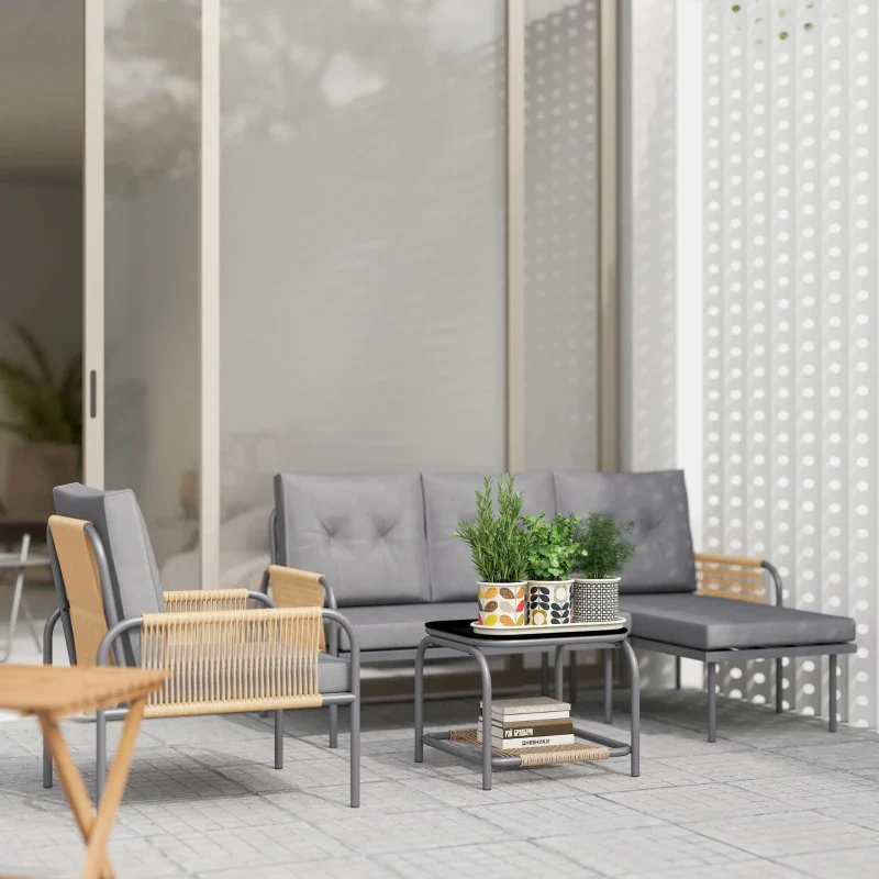 Outsunny Salotto da Giardino 4 Pezzi in Rattan con Divano, Chaise Longue, Poltrona e Tavolino con Cuscini, Grigio - Image 2