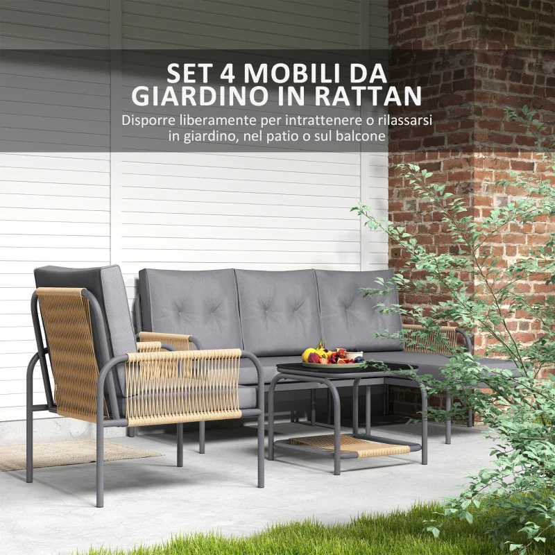 Outsunny Salotto da Giardino 4 Pezzi in Rattan con Divano, Chaise Longue, Poltrona e Tavolino con Cuscini, Grigio - Image 4