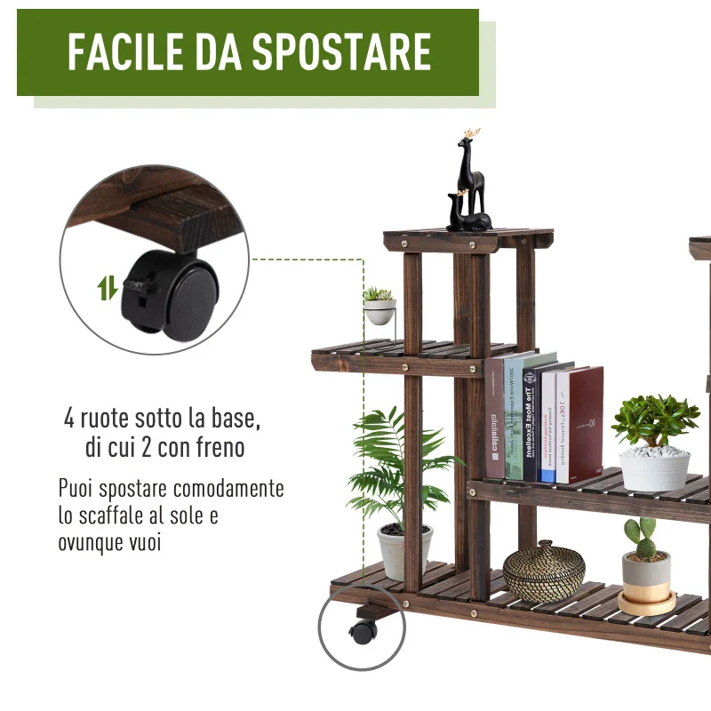 Outsunny Scaffale Portafiori a 4 Livelli, Fioriera da Esterno e Interno in Legno con 4 Ruote, 123.5 x 33 x 80cm - Image 4