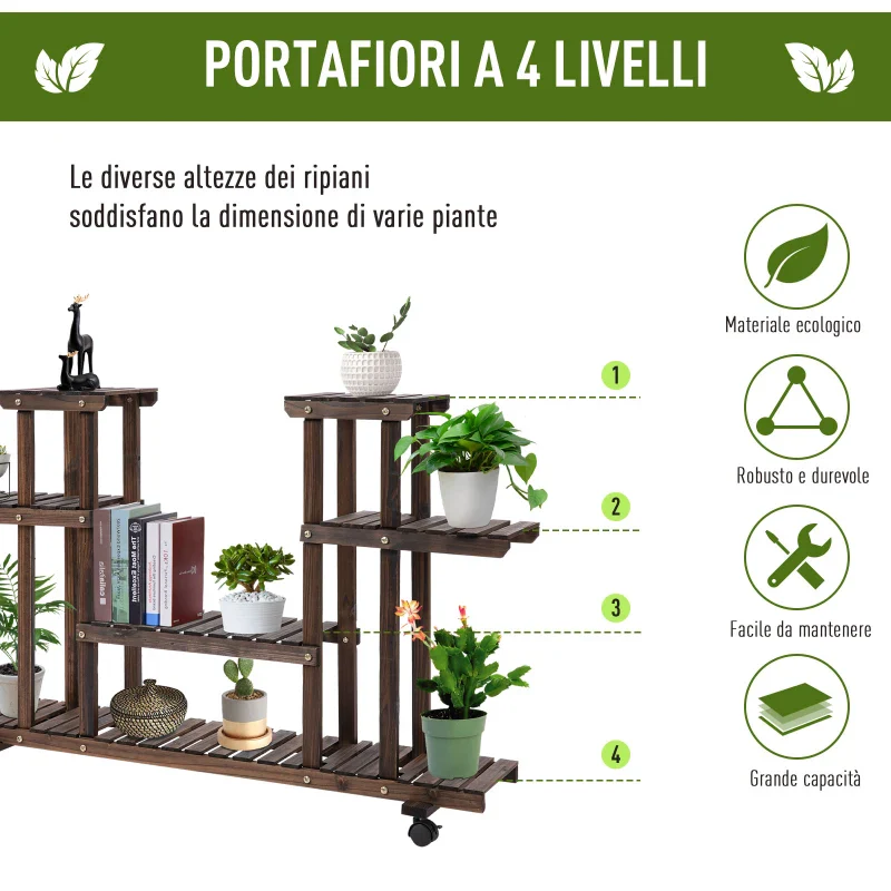 Outsunny Scaffale Portafiori a 4 Livelli, Fioriera da Esterno e Interno in Legno con 4 Ruote, 123.5 x 33 x 80cm - Image 6