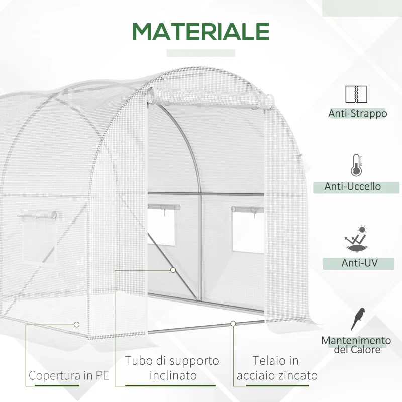 Outsunny Serra a Tunnel con 4 Finestrelle e Ingresso a Zip in Acciaio Zincato e PE, 3x2x1.9 m, Bianco - Image 4