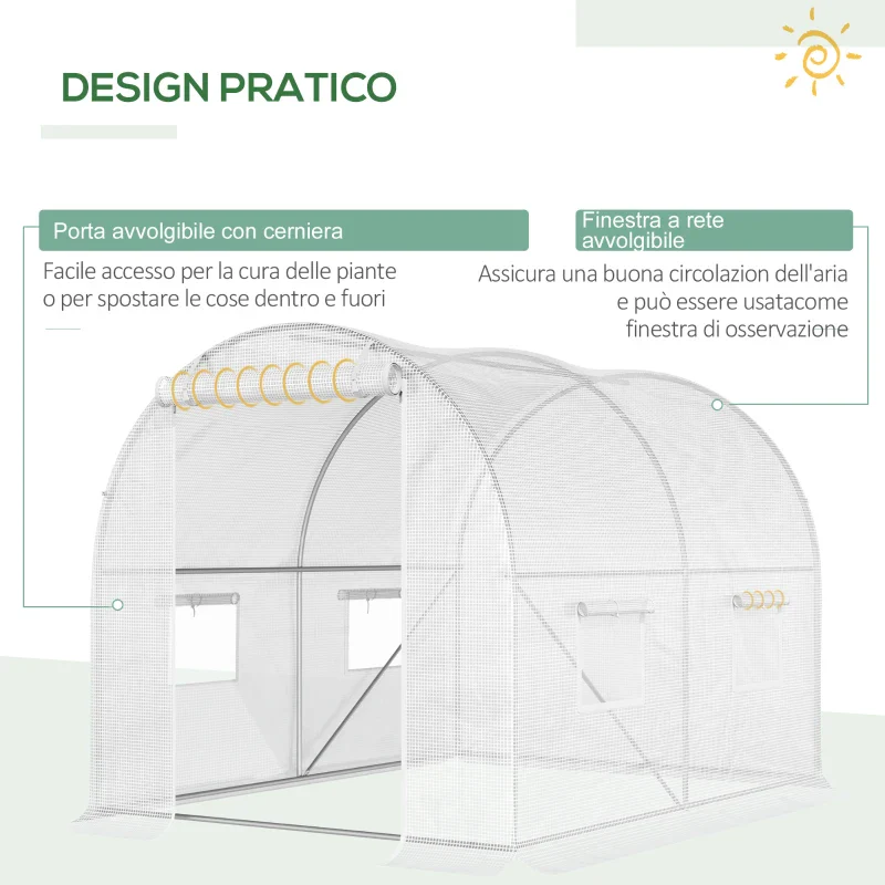 Outsunny Serra a Tunnel con 4 Finestrelle e Ingresso a Zip in Acciaio Zincato e PE, 3x2x1.9 m, Bianco - Image 5