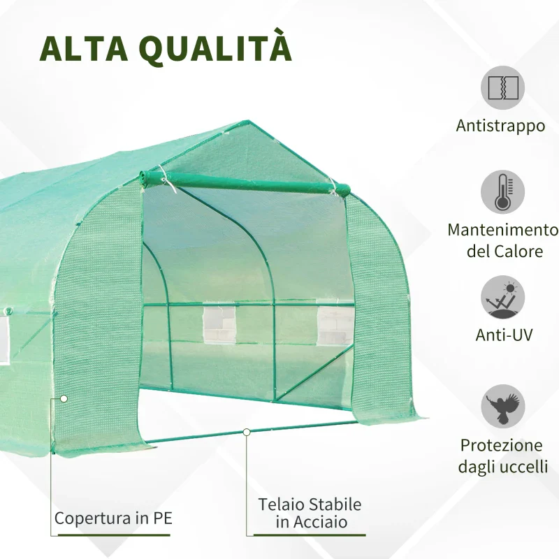 Outsunny Serra a Tunnel con 8 Finestrelle Laterali e Ingresso Avvolgibile, in PE e Acciaio, 6x3x2 m, Verde - Image 4