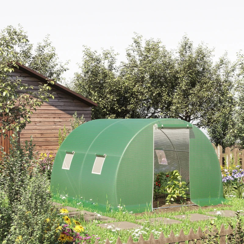 Outsunny Serra a Tunnel da Esterno 3x3x2m con Copertura in PE, Porta con Cerniera e 4 Finestre, Verde - Image 2