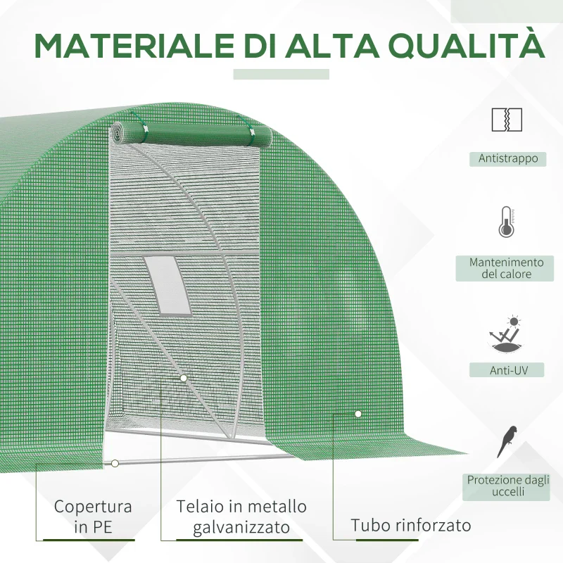Outsunny Serra a Tunnel da Esterno 3x3x2m con Copertura in PE, Porta con Cerniera e 4 Finestre, Verde - Image 3