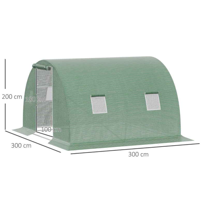 Outsunny Serra a Tunnel da Esterno 3x3x2m con Copertura in PE, Porta con Cerniera e 4 Finestre, Verde - Image 4